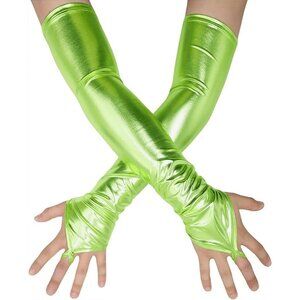Women's Fingerless Shiny Metallic Spandex Lime Green Long Elastic Gloves